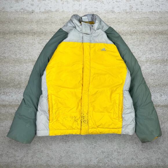Vintage Adidas Puffer Jacket Yellow Grey Insulated Full Zip Y2K